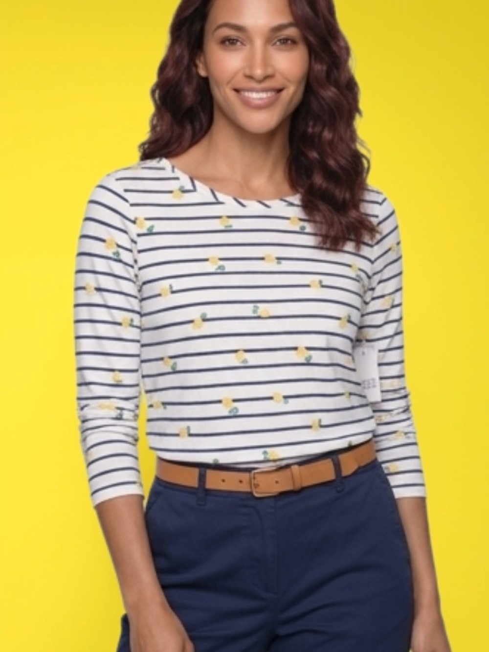 White & Navy Striped Long-Sleeve Top with Lemons